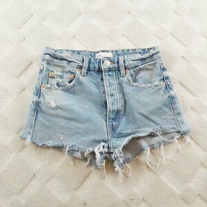 Zara High Waist Shorts Womens 2 Blue Denim Fray Hem Button Fly Cut Offs